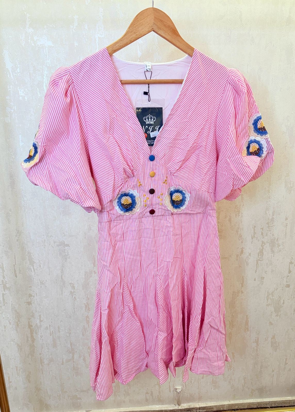 Strip short ballon sleeve dress