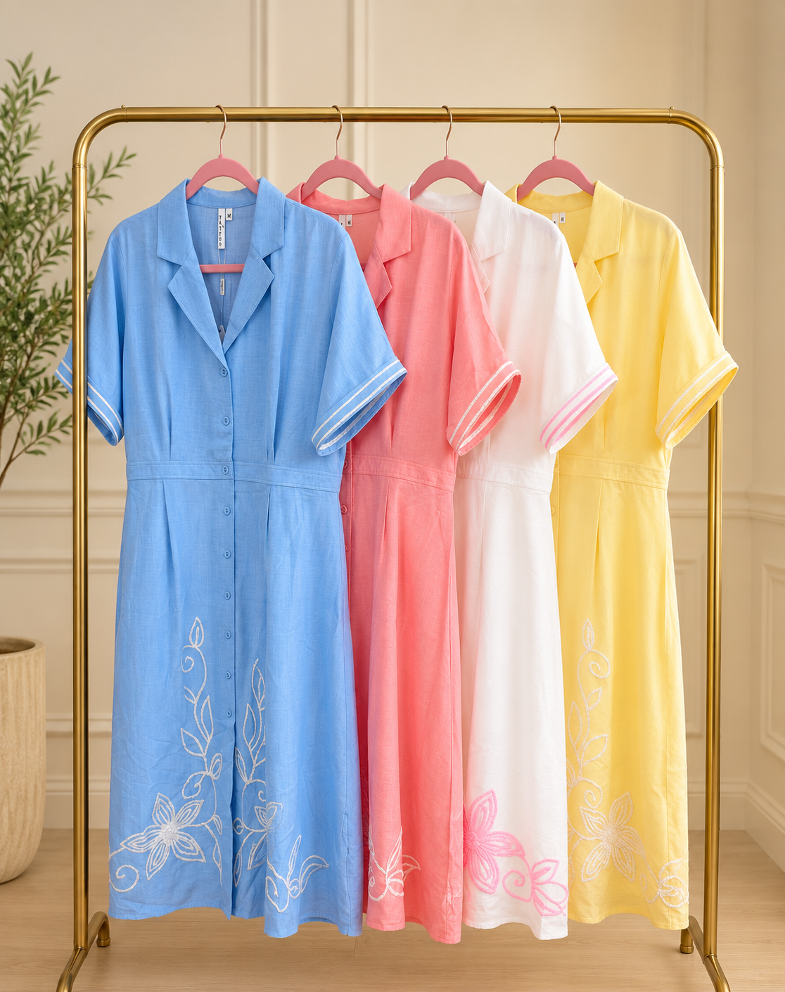Embroidered Shirt Collar Midi Dress
