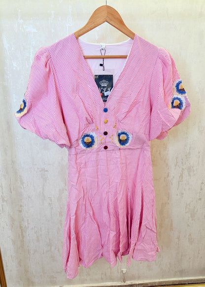 Strip short ballon sleeve dress