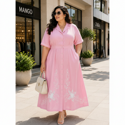 Embroidered Shirt Collar Midi Dress