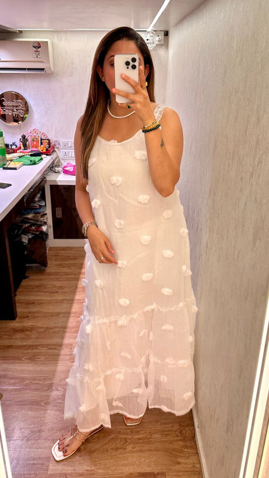 White Textured Pom-Pom Tiered Maxi