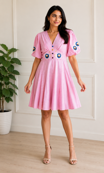 Strip short ballon sleeve dress