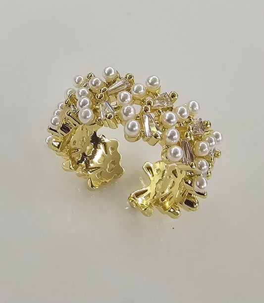 Clustered Pearl & Baguette Cuff Ring