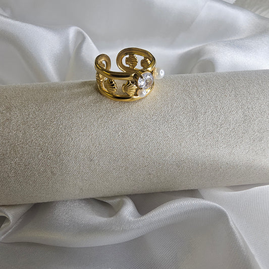 Seashell & Pearl Adjustable Ring