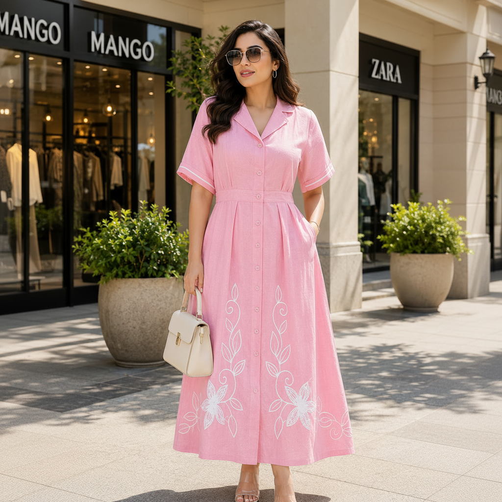 Embroidered Shirt Collar Midi Dress