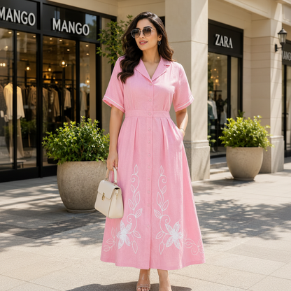 Embroidered Shirt Collar Midi Dress