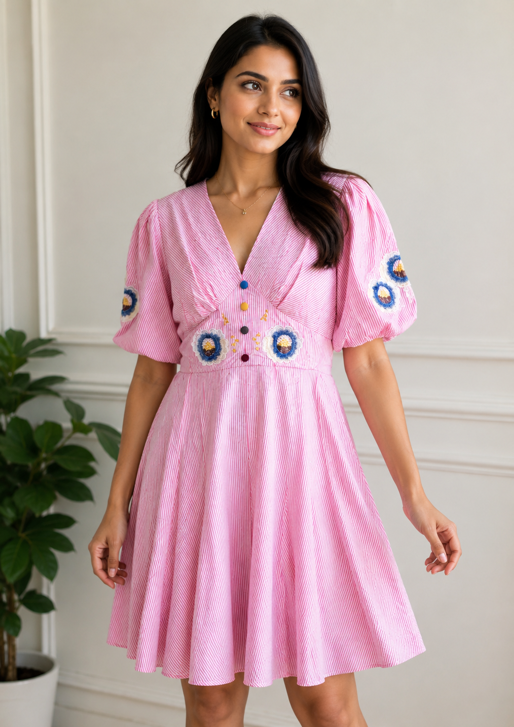 Strip short ballon sleeve dress