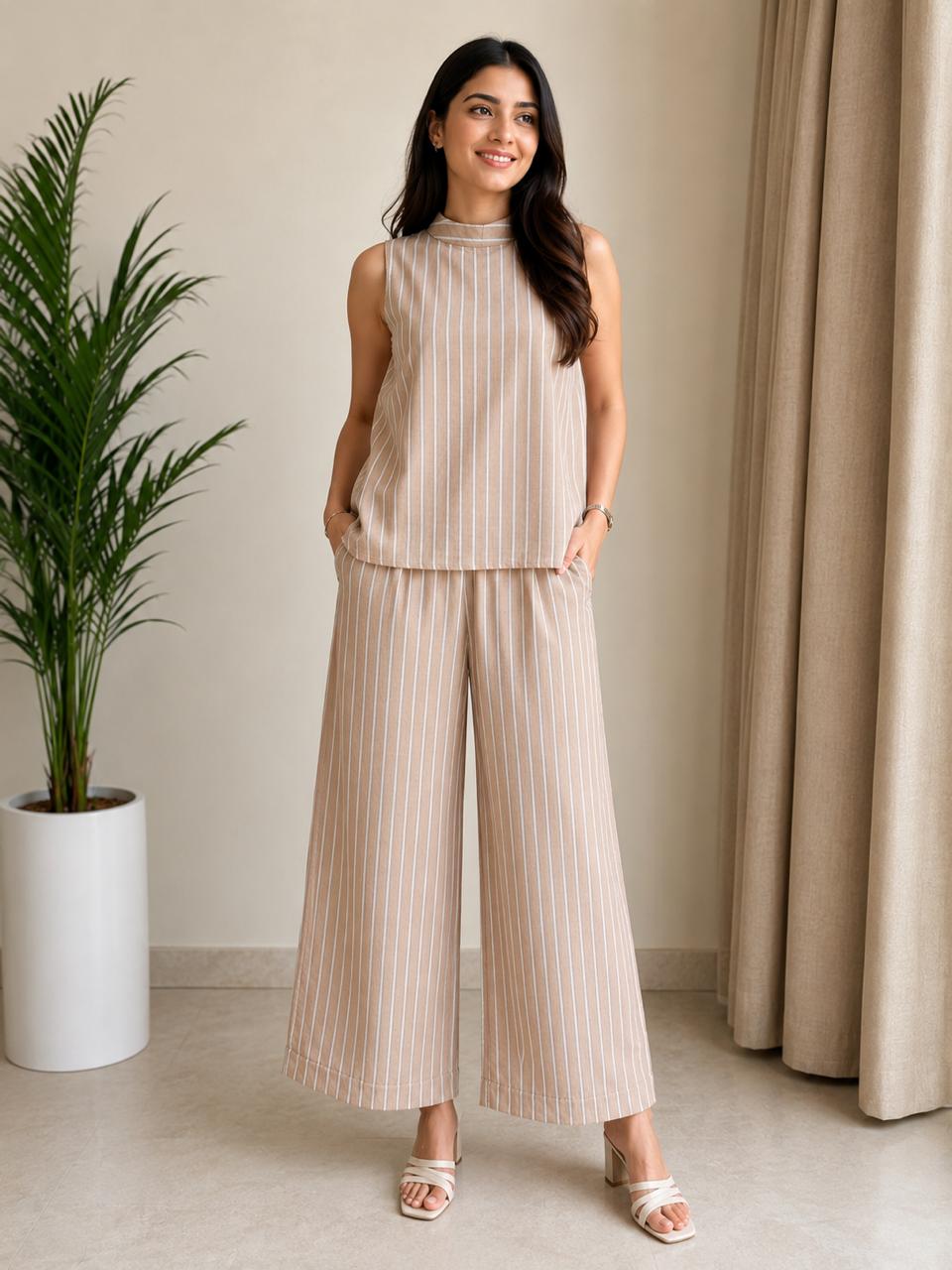 Women’s Beige & White Vertical Stripe Sleeveless Co-Ord Set