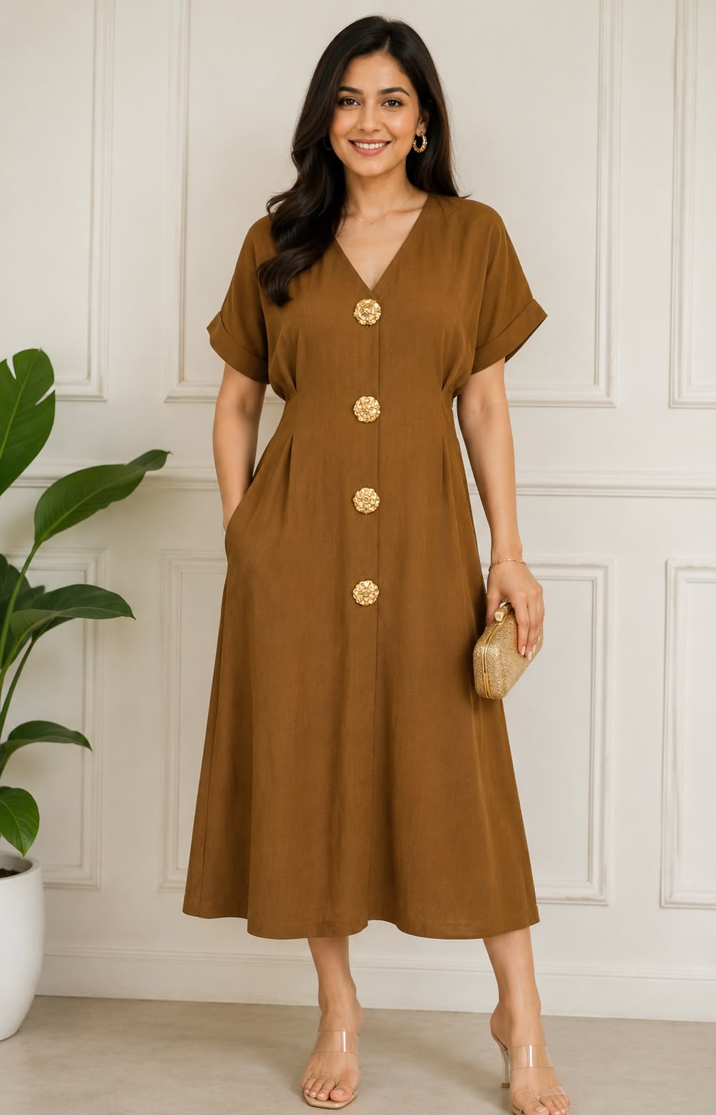 Women's Brown Button Front A-line Midi Dress