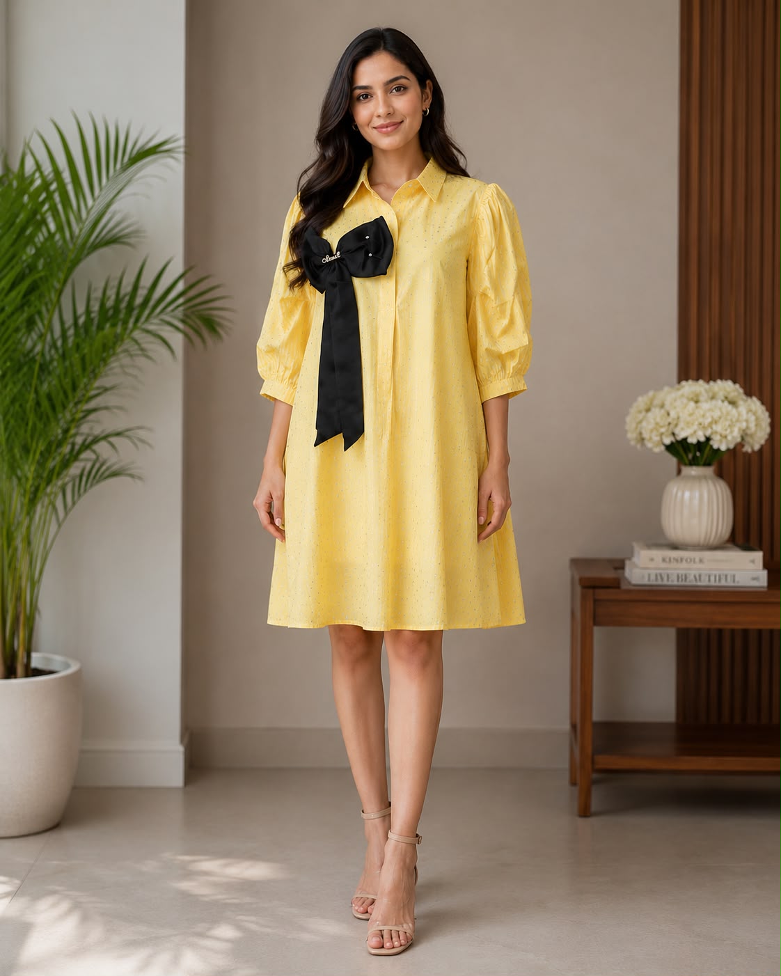 Women's Yellow Shirt-Style A-Line Dress with Bow Detail