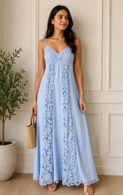 Women’s Light Blue Lace Panel Maxi Dress