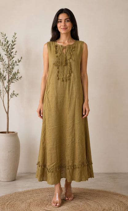 Olive Green Embroidered A-Line Maxi Dress