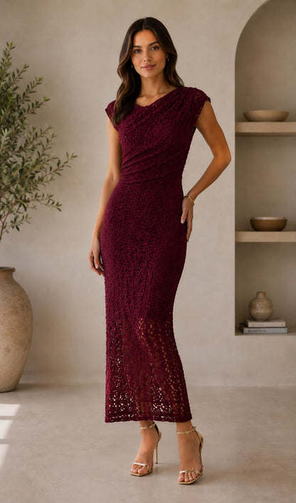 Women’s Burgundy Crochet Lace Midi Dress