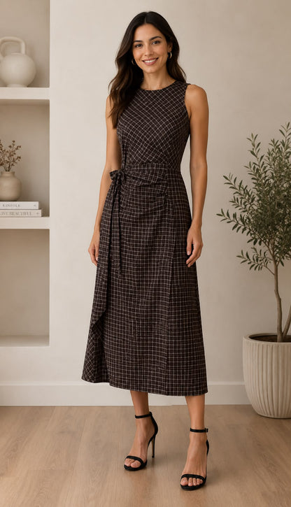 Women’s Brown Checked Sleeveless Tie-Waist Midi Dress