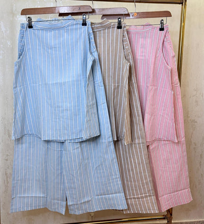 Women’s Beige & White Vertical Stripe Sleeveless Co-Ord Set