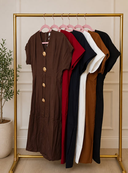 Women's Brown Button Front A-line Midi Dress
