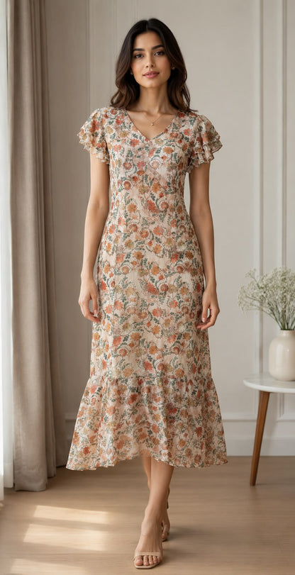 Women’s Floral Printed Ruffle-Sleeve Midi Dress