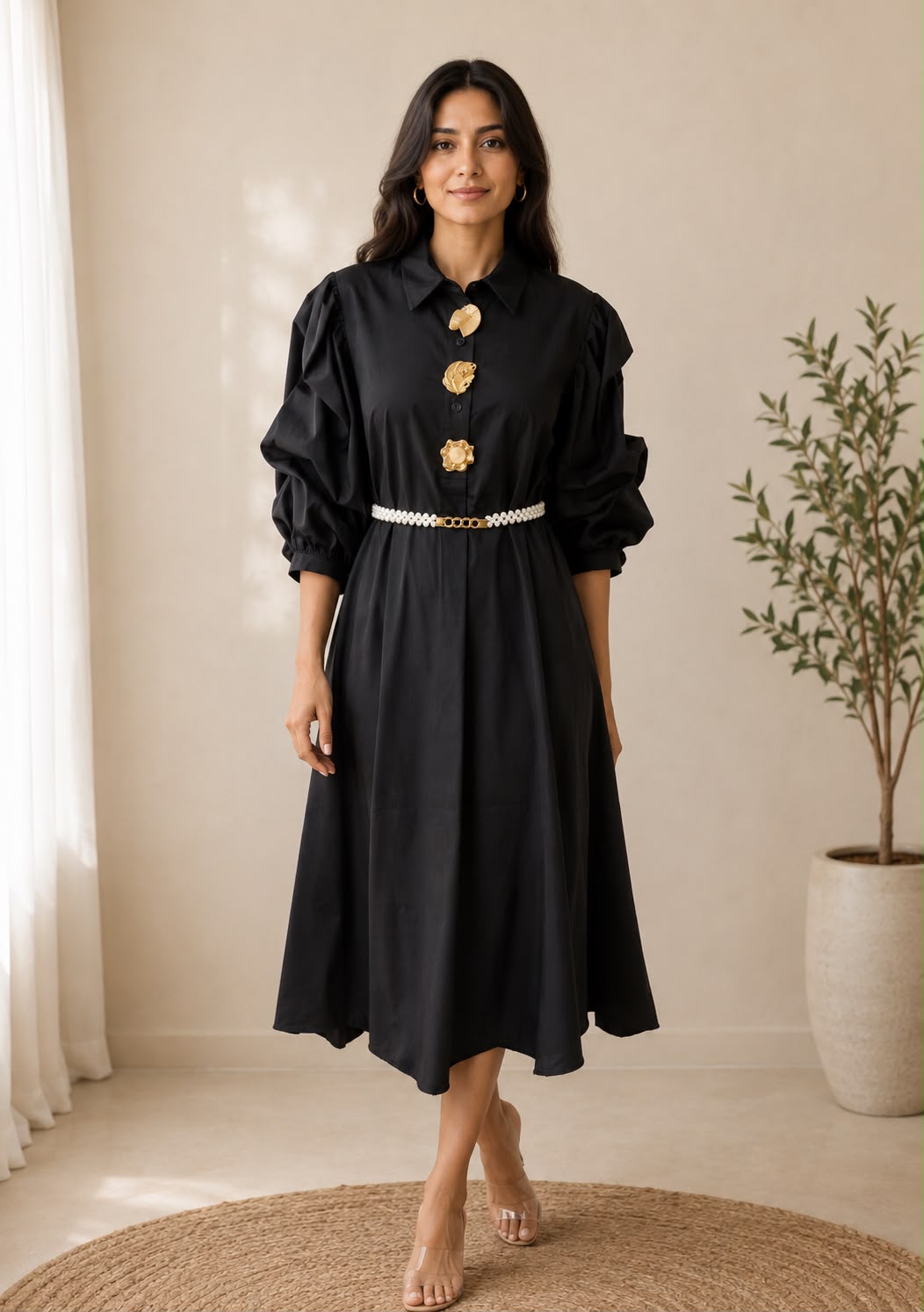 Elegant Black Midi Shirt Dress