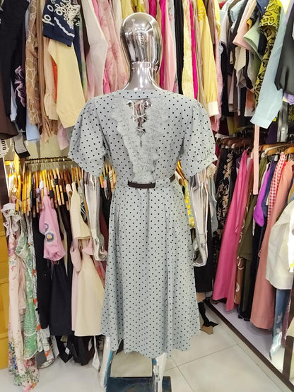 Grey Polka-Dot Lace-Back Midi Dress